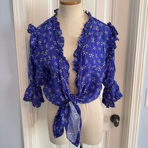 Lug Von Siga 36 Bianca Blue Floral Tie Front Blouse Top Puff Sleeve Peasant US 4